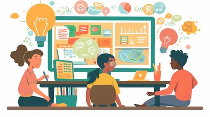 Fototapeta premium Education concept illustration of teacher educator and students or pupils in classroom lecture training studying using computers technology. Generative AI