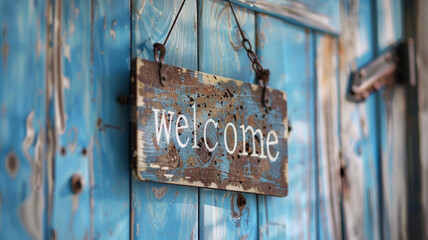 Rustic welcome sign hanging on light blue door