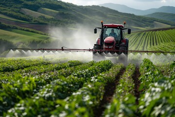 Fototapeta premium Tractor spraying crops in a lush green field with rolling hills in the background