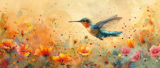 Bright and delightful watercolor painting of a tiny hummingbird dancing amidst a field of blooming flowers, full of life and color