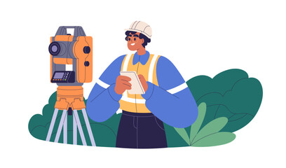 Surveyor engineer at work. Theodolite total station, surveying topographic equipment, professional geodetic tool, measurement device, tacheometer. Flat vector illustration isolated on white background - obrazy, fototapety, plakaty