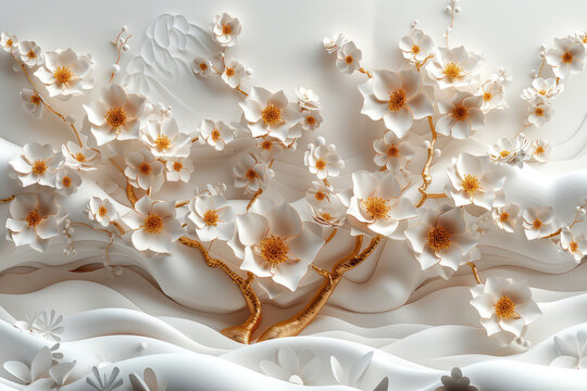 A white relief of a blooming tree with many flowers, a flowing wave background, gold and brown color scheme. Created with Ai