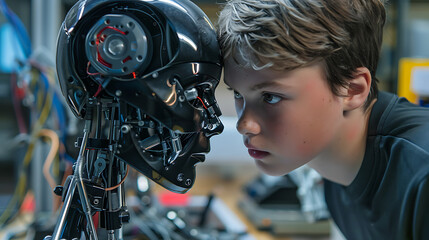 Obraz premium Child working on a Robotic machine - young Robotics Researcher.