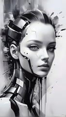 Portrait of a beautiful female robot on a gray and white background