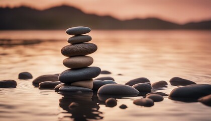 A serene scene: colorful stones balanced, mirrored on tranquil water, under a sunset sky.