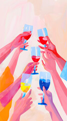 Art design drawing illustration of multiple hands holding up wine glasses. Party, celebration modern design