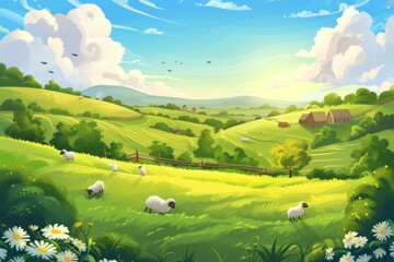 The image captures a charming countryside scene with sheep peacefully grazing in a green field surrounded by rolling hills.