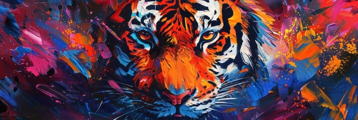 A fierce tiger is depicted with remarkable attention to detail, surrounded by dynamic splashes of blue and pink on a black background - obrazy, fototapety, plakaty