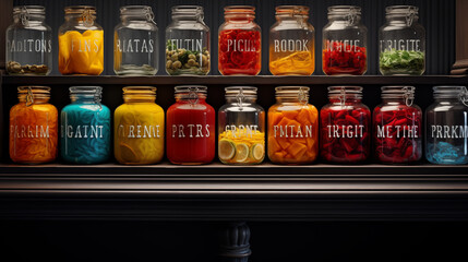 A row of vintage glass jars filled with colorful preserves, with jars arranged around the central typography space - obrazy, fototapety, plakaty