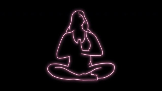 woman in yoga pose balancing 4k animation. One line drawing and continuous style isolated  Neon light on black background.