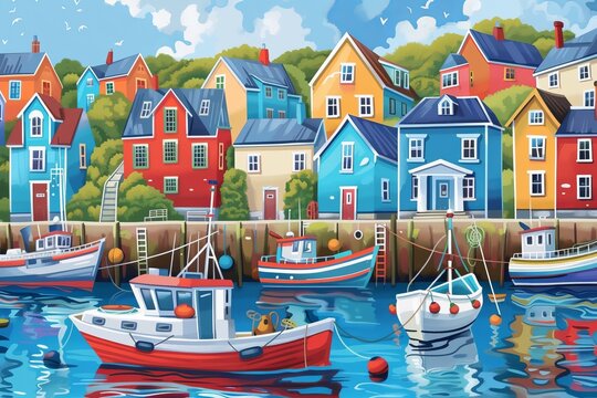 This photo captures a charming seaside town with colorful houses and fishing boats in a bustling harbor.