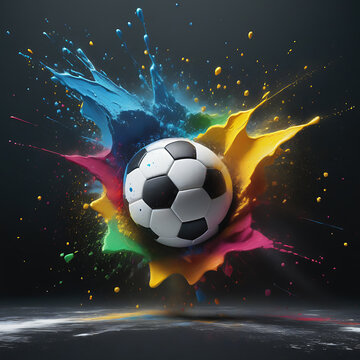 One ball with colourful paint splatter on dark background 
