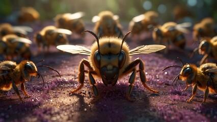 A honey bee queen, surrounded by her loyal army, preparing for a fight against a rival colony
