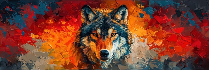 A captivating frontal view of a wolf in a canvas of modern art splashes that evoke a vivid array of emotions - obrazy, fototapety, plakaty