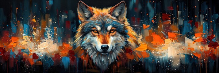 The painting captures the serene yet commanding presence of a wolf amid a flurry of blue and orange abstract elements - obrazy, fototapety, plakaty