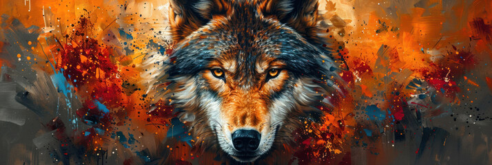 An eye-catching representation of a wolf snout, with a focus on the fiery eyes amidst an explosive orange backdrop