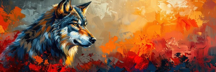 A profile view of a wolf is artistically rendered with dynamic colorful brush strokes, capturing the essence of the creature's spirit - obrazy, fototapety, plakaty
