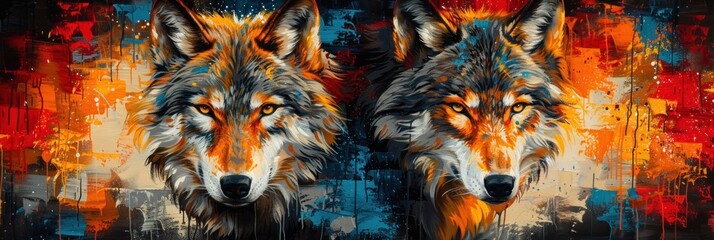 A digitally painted pair of wolves is set against a background bursting with bold colors and abstract forms - obrazy, fototapety, plakaty