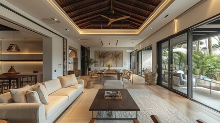 The living room in an elegant villa, featuring neutral tones and light wood accents with natural lighting. The ceiling is made from dark brown wooden panels. Generative AI.