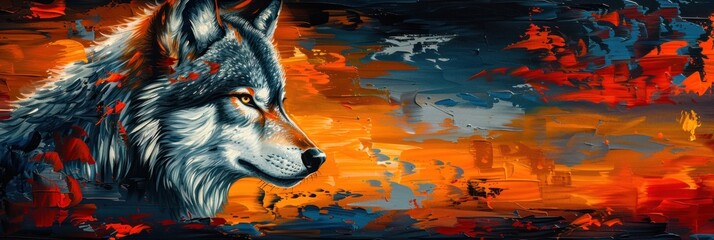 An intense, artistic rendering of a wolf's profile against a vibrant background of red and orange hues