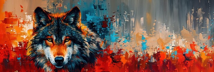 A captivating image of a wolf's face superimposed on an abstract splash of red and blue paint strokes - obrazy, fototapety, plakaty