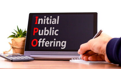 IPO initial public offering symbol. Concept words IPO initial public offering on beautiful black tablet. Beautiful white background. Business IPO initial public offering concept. Copy space.