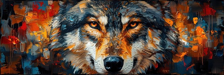 A compelling portrait of a wolf, depicted with dynamic and expressive brushstrokes in a moody palette