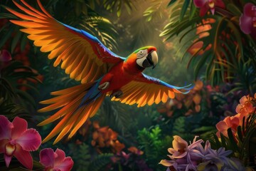 A vibrant macaw bird soars gracefully through the lush green foliage of a dense forest.