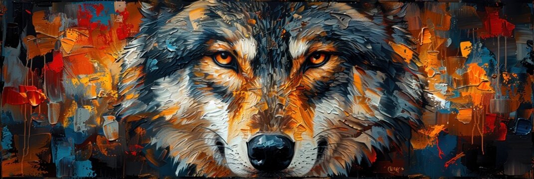 A compelling portrait of a wolf, depicted with dynamic and expressive brushstrokes in a moody palette