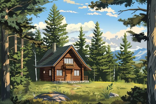 A painting of a cabin nestled within a dense forest of tall pine trees.