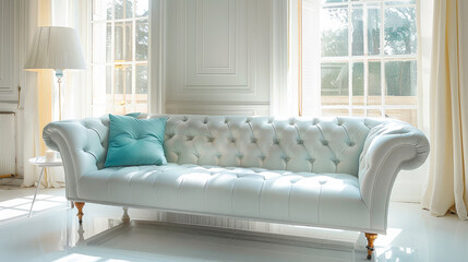 Fototapeta na wymiar A bright Sofa in shabby Retro Style in a White and Clean living room. Generative AI.