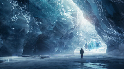 Step into the realm of glacial exploration with an AI-generated image featuring a person standing at the entrance of a magnificent glacial cavern, depicted in high definition.