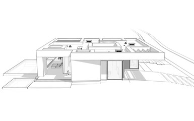 3d rendering of new concrete house in modern style with pool and parking for sale or rent and beautiful landscaping on background.  Black line sketch with soft light shadows on white background.