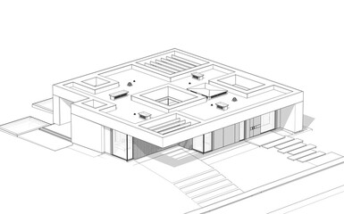 3d rendering of new concrete house in modern style with pool and parking for sale or rent and beautiful landscaping on background.  Black line sketch with soft light shadows on white background.