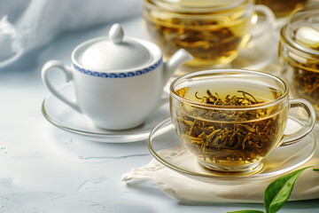 Glass cup of golden herbal tea adorned with fresh green leaves. Healthy drink concept with copy space - 787041787