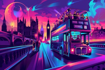 A vibrant painting capturing the bustling atmosphere of a city street with a double decker bus. - obrazy, fototapety, plakaty