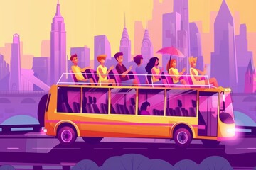 A group of tourists enjoying a sightseeing adventure as they ride on the back of a vibrant yellow bus. - obrazy, fototapety, plakaty