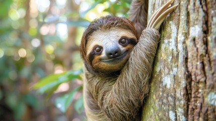 Fototapeta premium A close-up of a sloth clinging to a tree, smiling directly at the camera with bright, expressive eyes - AI Generated Digital Art