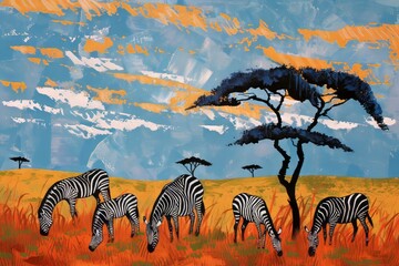 A group of zebras peacefully grazing on a grassy field.