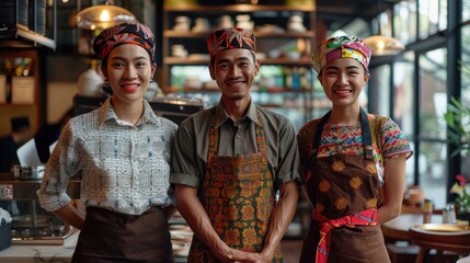 Three smiling  Indonesian employees at a  Southeast Asian restaurant - AI Generated Digital Art