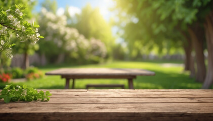 Blurred Spring background with green lush foliage and flowering branches with an empty wooden table 
