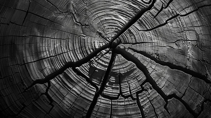 Step into the world of detailed textures with an AI-generated image featuring a warm gray cut wood texture, focusing on the close-up view of a felled tree trunk or stump in black and white. 