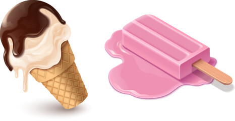 Melt ice cream cartoon summer icon isolated vector. Icecream ball with waffle and chocolate. Cute creative sundae melted set. Pink strawberry gelato food on floor. Funny stick dessert collection - obrazy, fototapety, plakaty