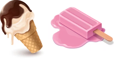 Foto op Canvas Melt ice cream cartoon summer icon isolated vector. Icecream ball with waffle and chocolate. Cute creative sundae melted set. Pink strawberry gelato food on floor. Funny stick dessert collection © klyaksun