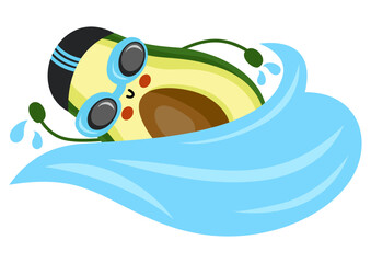 Funny avocado sportsman mascot swimming