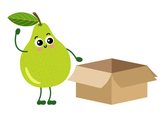 Funny pear mascot with open cardboard box