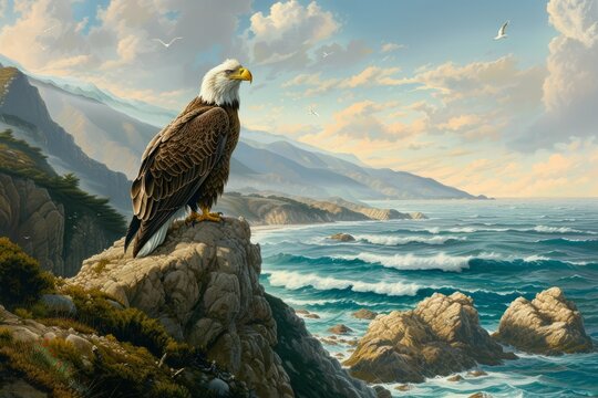 A painting of a majestic bald eagle sitting atop a rocky perch overlooking the ocean.