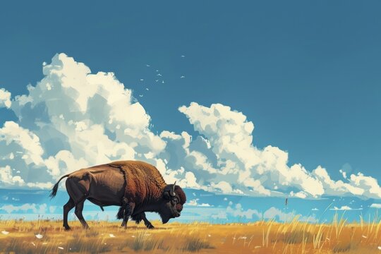 A powerful bison stands in a vast open field, showcasing its majestic presence.