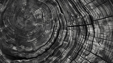 Step into the world of detailed textures with an AI-generated image featuring a warm gray cut wood texture, focusing on the close-up view of a felled tree trunk or stump in black and white.