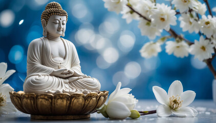Buddha statue in White color with white flowers around, Buddha Statue with Blue Background
